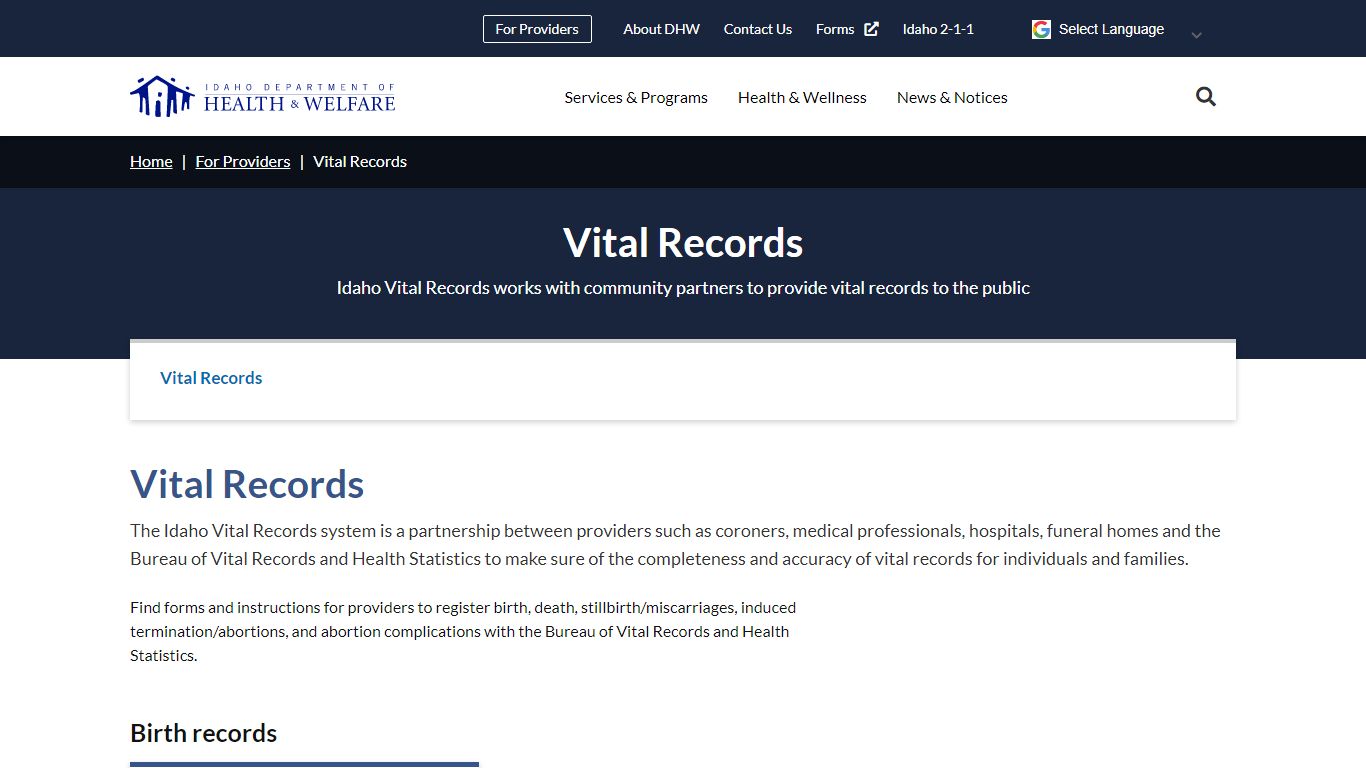 Vital Records | Idaho Department of Health and Welfare